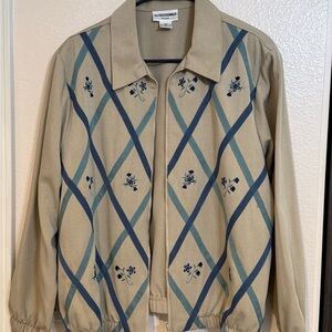 Alfred Dunner Vintage Women's Beige and Blue Floral Bomber Jacket Petite
